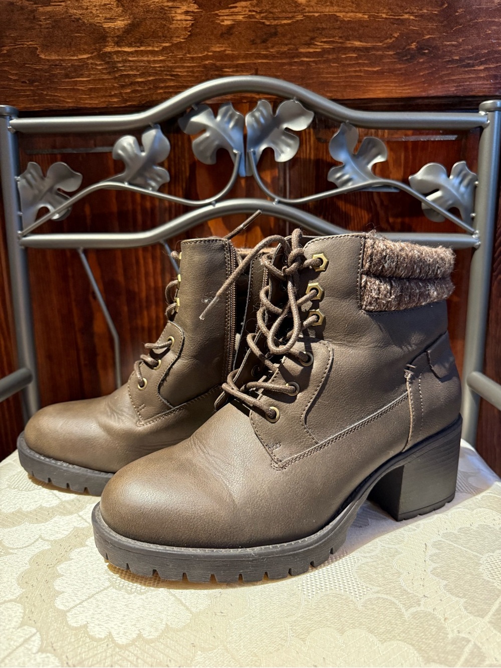 torrid Brown Lace-Up Block Heel Ankle Boots with Knit Collar
